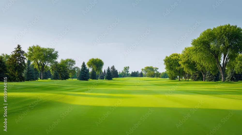 Fototapeta premium Lush Green Golf Course Landscape with Vibrant Trees, Blue Sky, and Open Fairway Ideal for Scenic Outdoor Photography and Relaxation Moments