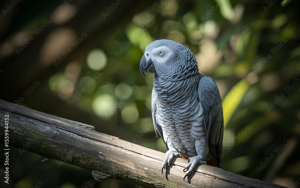 Obraz premium Grey Parrot Perched on a Rustic Branch