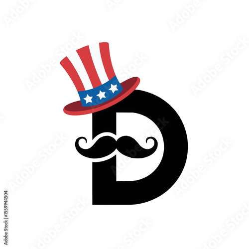 Letter D with Patriotic Uncle Sam Hat and Mustache, Stylized letter D adorned with an Uncle Sam hat and mustache, perfect for American patriotic designs, Independence Day, and festive branding.

