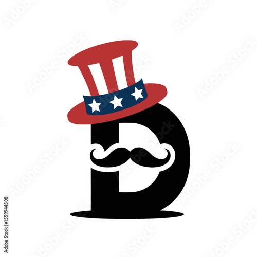 Letter D with Patriotic Uncle Sam Hat and Mustache, Stylized letter D adorned with an Uncle Sam hat and mustache, perfect for American patriotic designs, Independence Day, and festive branding.

