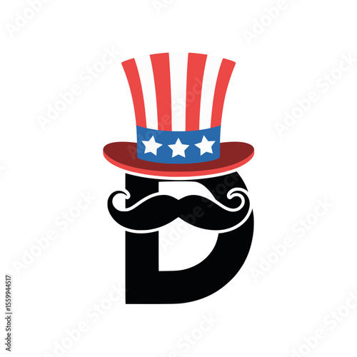Letter D with Patriotic Uncle Sam Hat and Mustache, Stylized letter D adorned with an Uncle Sam hat and mustache, perfect for American patriotic designs, Independence Day, and festive branding.

