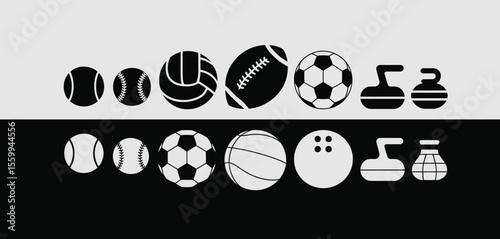 Sport Balls and Equipment Icons in Black and White