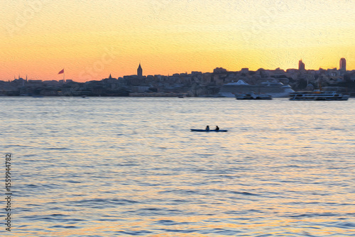 illustrative sunset in istanbul and rowing at Bosphorus, illustration