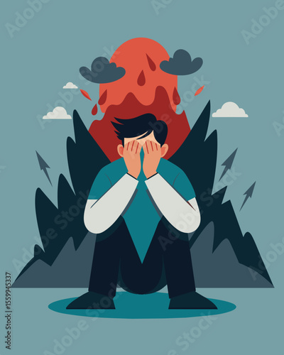 A man cowering beneath a mountain of vicious words his hands covering his ears as he tries to shield himself from the onslaught.. Vector illustration