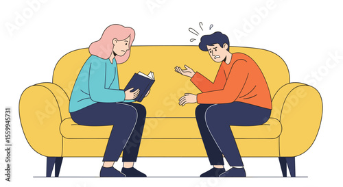 Two People Discussing on a Couch with Books and Orange Sweater in the Room