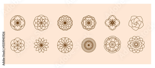 mandala geometric flower icon set for skin therapists. natural product logos and mindful and spiritual webdesign