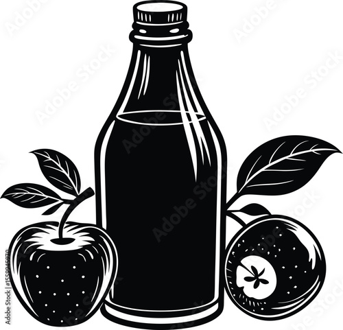 Bottle of apple juice with apples and leaves