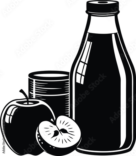 Apple juice bottle can and apple slices black and white illustration