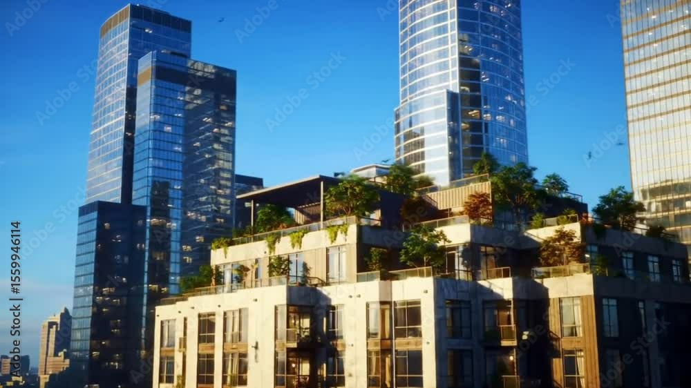 Taman atap kontemporer yang penuh tanaman hijau menghiasi puncak gedung modern, berpadu dengan panorama cakrawala kota yang dipenuhi pencakar langit. Cahaya pagi atau sore menyinari taman dan kaca.