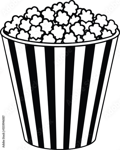Black and white illustration of popcorn in a striped bucket