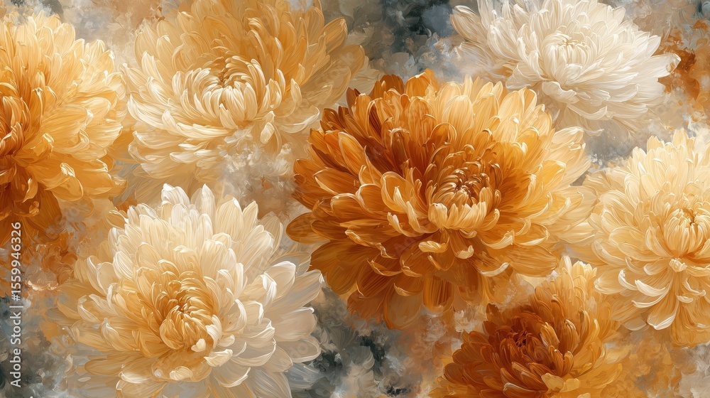 A repeating watercolor pattern of Japanese chrysanthemums (kiku) in various stages of bloom. Painted in warm autumnal shades golden yellow, burnt orange, and soft ivory. A repeating watercolor pattern of Japanese chrysanthemums (kiku) in various stages of bloom. Painted in warm autumnal shades golden yellow, burnt orange, and soft ivory.
