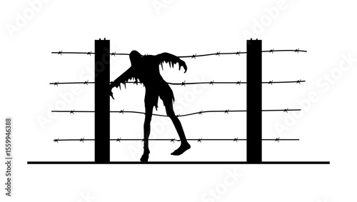 man stuck on barbed wire fence, black isolated silhouette