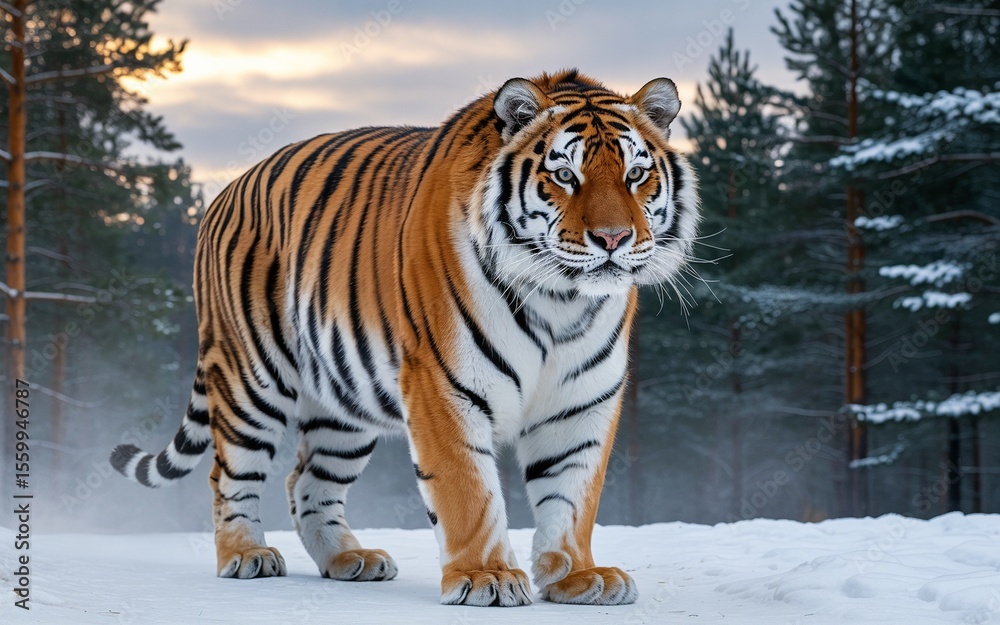 Obraz premium Majestic Siberian Tiger Prowls Through Snowy Forest at Dusk, Powerful and Alert