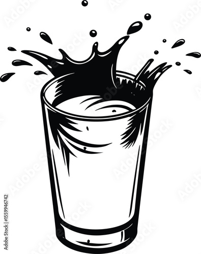 Black and white illustration of a glass with splashing liquid