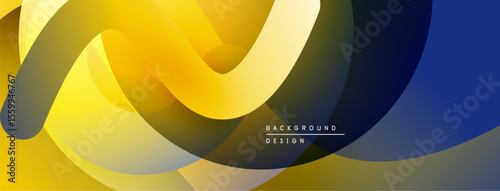 Abstract fluid shapes overlap, creating dynamic yellow, blue gradients. Modern design evokes movement, energy, visual interest.