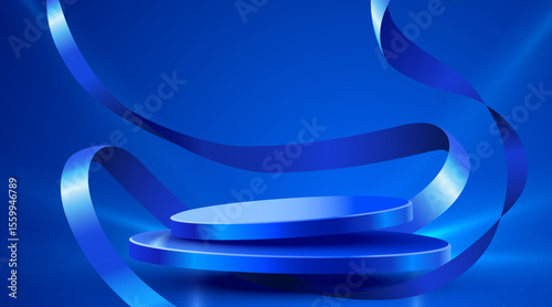 Abstract scene background. Cylinder podium background with ribbons. Product presentation, mock up. Podium, stage pedestal or platform. Vector illustration