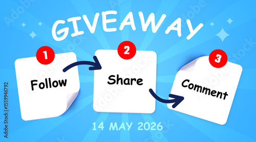 Giveaway announcement social media post template three steps. Follow, share, comment. Vector illustration