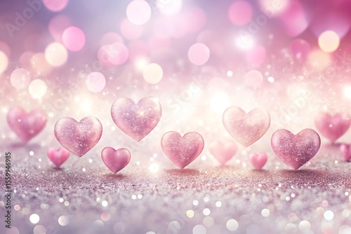 Many pink glitter hearts float over a sparkly pink and silver background