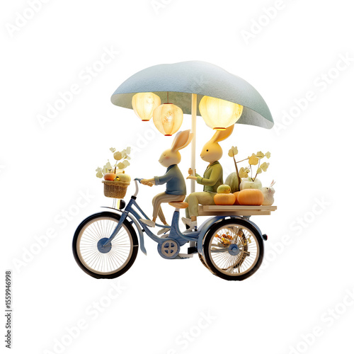 Adorable Bunny Trio on Illuminated Tricycle with Umbrella Lamp
