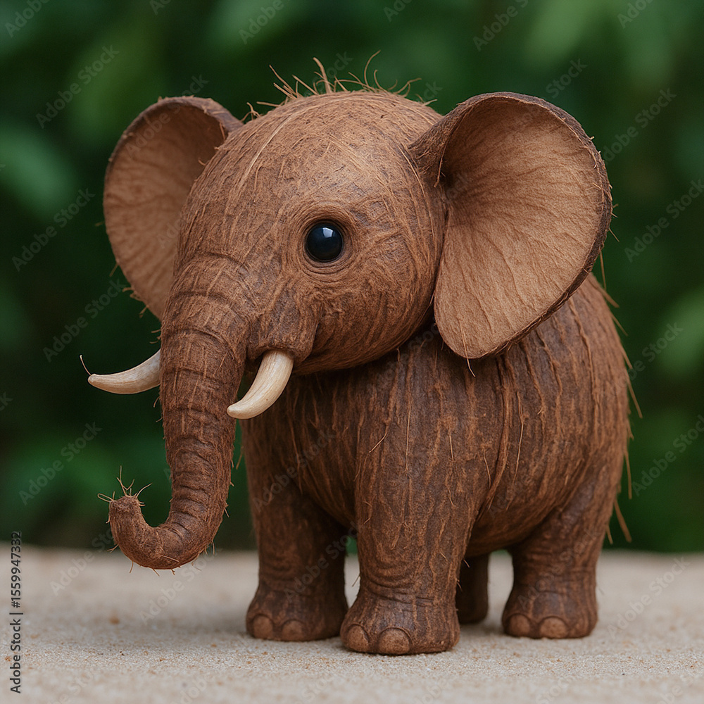 Fototapeta premium Cute Coconut Elephant Figurine on Sand with Green Background