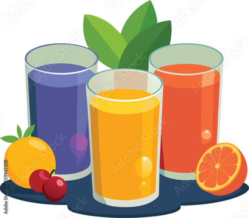 Three glasses of fresh fruit juice with fruit slices