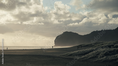 Silhouetted figures walk on a dark sand beach beside the ocean, overlooked by a large headland under an overcast sky