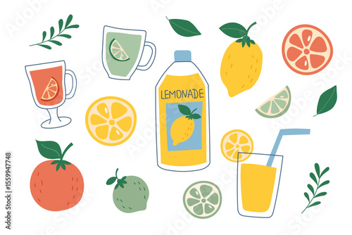 Set of citrus lemonade. Lemon, orange, lime fruits for beverage. Concept of drinks, summer, thirst. Vector flat cliparts.