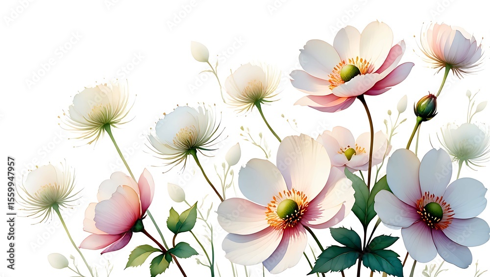 Obraz premium Delicate anemone flowers with soft pink and white petals bloom against a clean white background