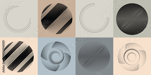 Lines and dots in Circle Form .Rotate rounded shape Vector Illustration .Rotating dots form a circle .Rotating design element . Various lines forming round shape . Abstract Geometric line art .
