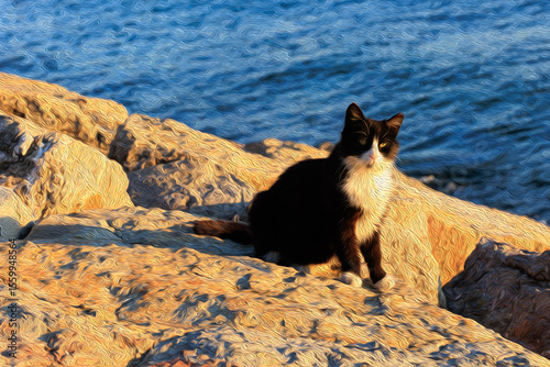 illustrative black and white cat on the shore, illustration