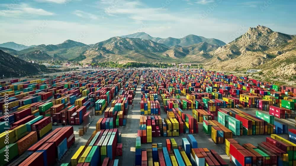 Aerial view of vibrant container terminal located in Spain with extensive storage facilities, Aerial view of container terminal in Spain, containers of various colors filled the terminal