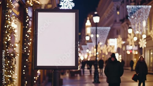 Blank Billboard Mockup: Festive City Street at Night