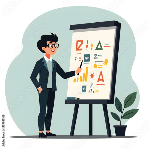 Black Silhouette Vector of Teacher Writing on Board in Classroom Educational Scene on White Background Full HD