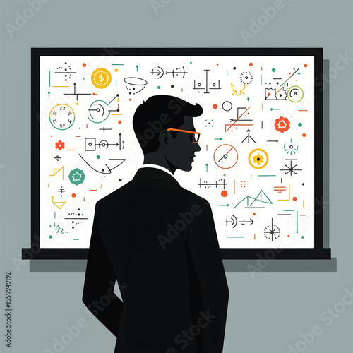Black Silhouette Vector of Teacher Writing on Board in Classroom Educational Scene on White Background Full HD