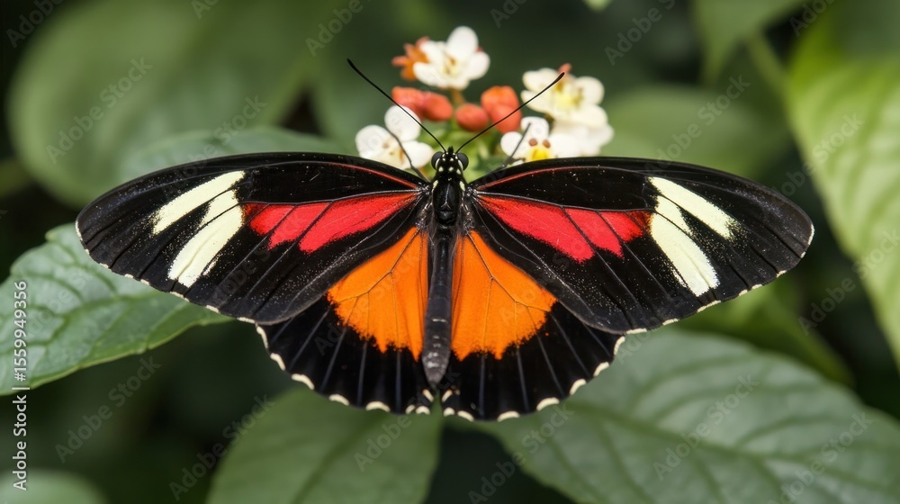 Naklejka premium Striking heliconius melpomene butterfly perched on delicate white flowers in nature