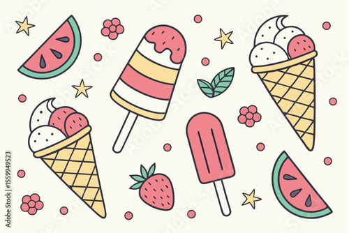 Summer Treats Ice Cream Cones, Popsicles, and Fruit-Flavored Frozen Delights