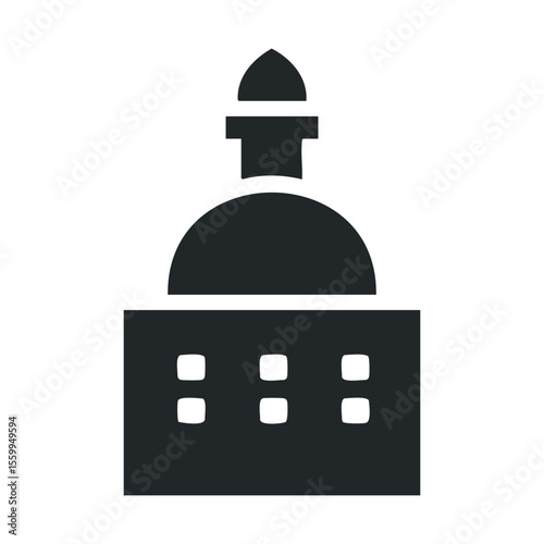 Minimalist black silhouette of government building with dome and tower.