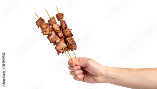 Grilled meat skewer held by hand with juicy cooked pieces on wooden sticks