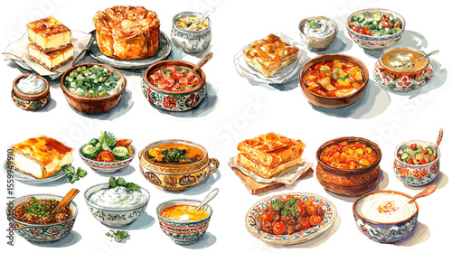 Middle Eastern and Mediterranean dishes illustration with soups, pastries, and dips served in ornate bowls and plates, drawn in rich hand-drawn style.

