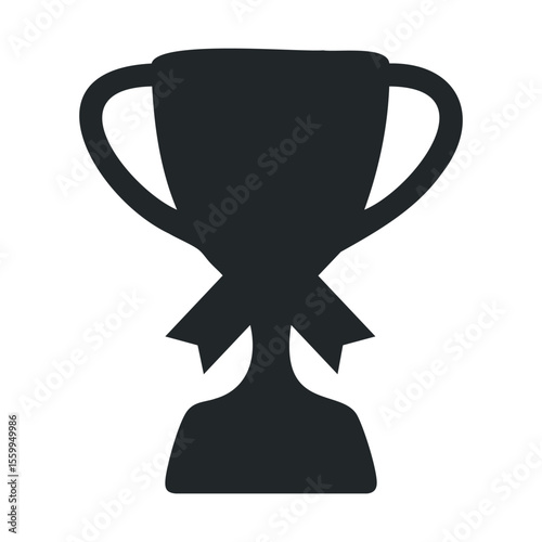 Silhouette of trophy with ribbon emblem on white background.