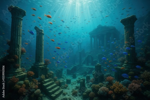 Ancient atlantis underwater ruins with sunlit coral and fish in tranquil ocean scene