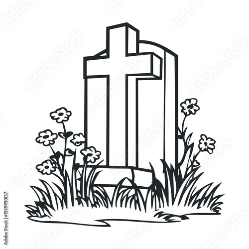Black and white illustration of a cemetery tombstone with flowers.