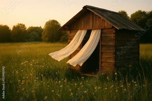 Rustic meadow serenity at sunset with wooden cabin and flowing curtains