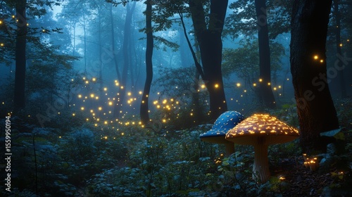 Enchanted summer forest with neon blue foliage and glowing lights for mystical atmosphere