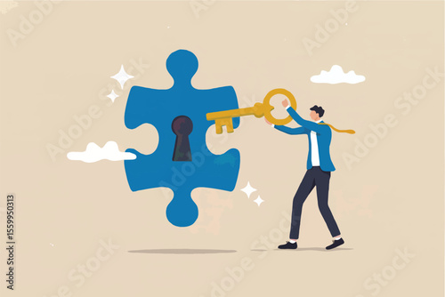 Man holding a key to a puzzle piece with a keyhole isolated on transparent background