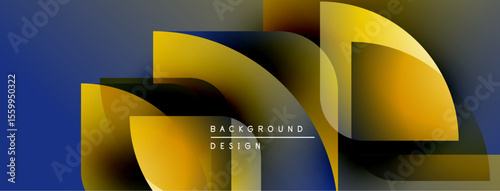 Abstract geometric shapes overlap, creating vibrant color gradients. Design features gold, blue, purple hues. Modern aesthetic.