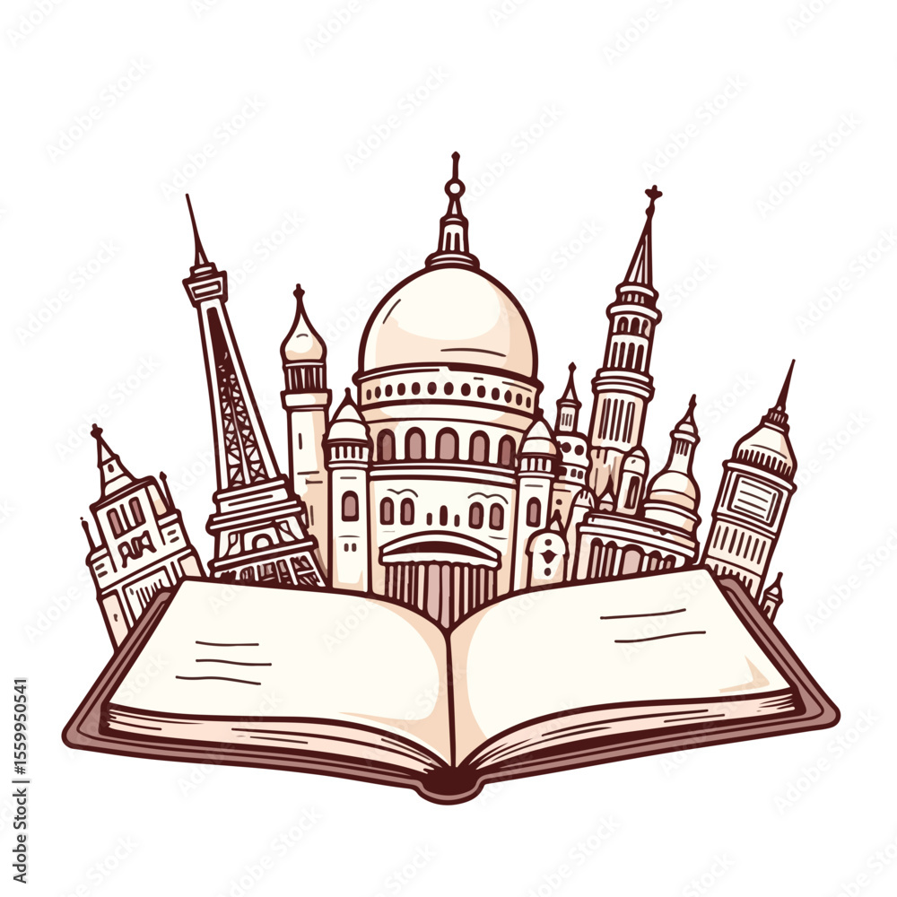 Naklejka premium Cartoon travel journal open with famous landmarks doodles. This whimsical travel journal features iconic buildings from around world. Perfect design for travel blogs and tourism websites.