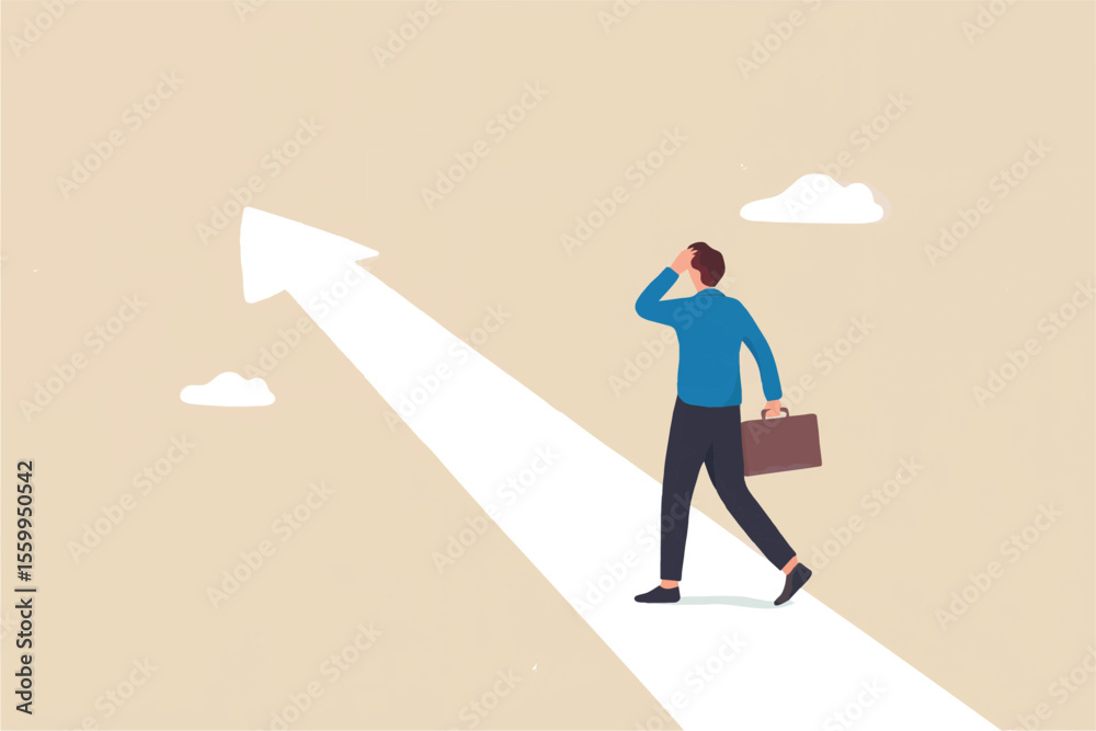 Fototapeta premium Man walking on an upward arrow path isolated on transparent background