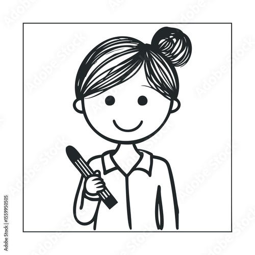 Smiling female stick figure holding pencil with hair bun, wearing shirt.