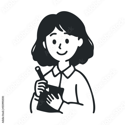 Smiling young asian female with tablet and stylus drawing illustration.
